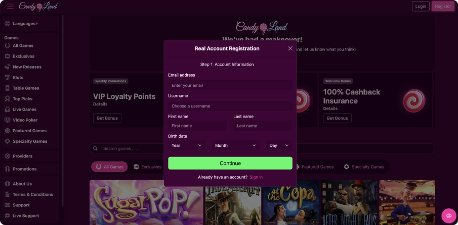 Registration and authorization at Candy casino